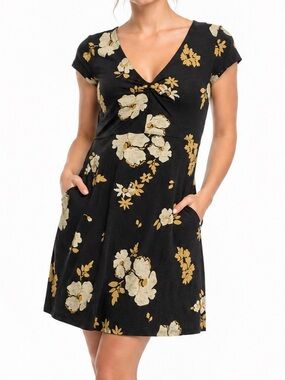 Toad&Co Black Floral Mini Dress XS Pockets Short Sleeve V-Neck A-Line